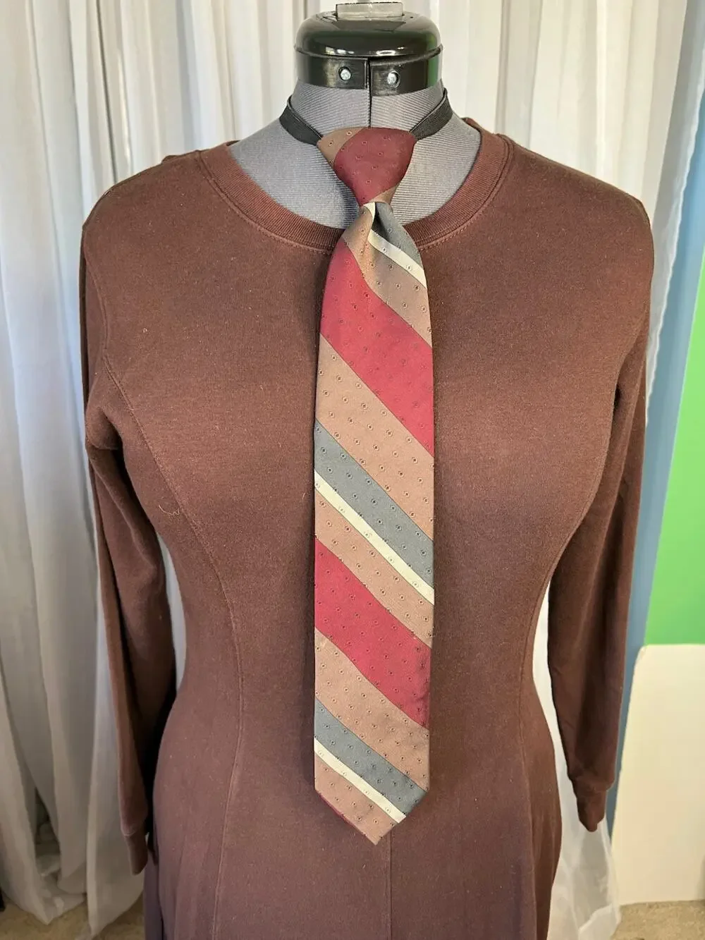 vintage zipper tie 1980s wide Diagonal stripe brown red